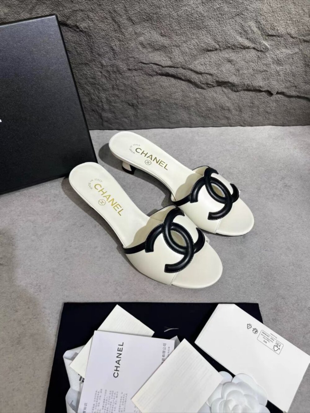 Chanel White Leather CC Logo Stiletto Mule Sandals